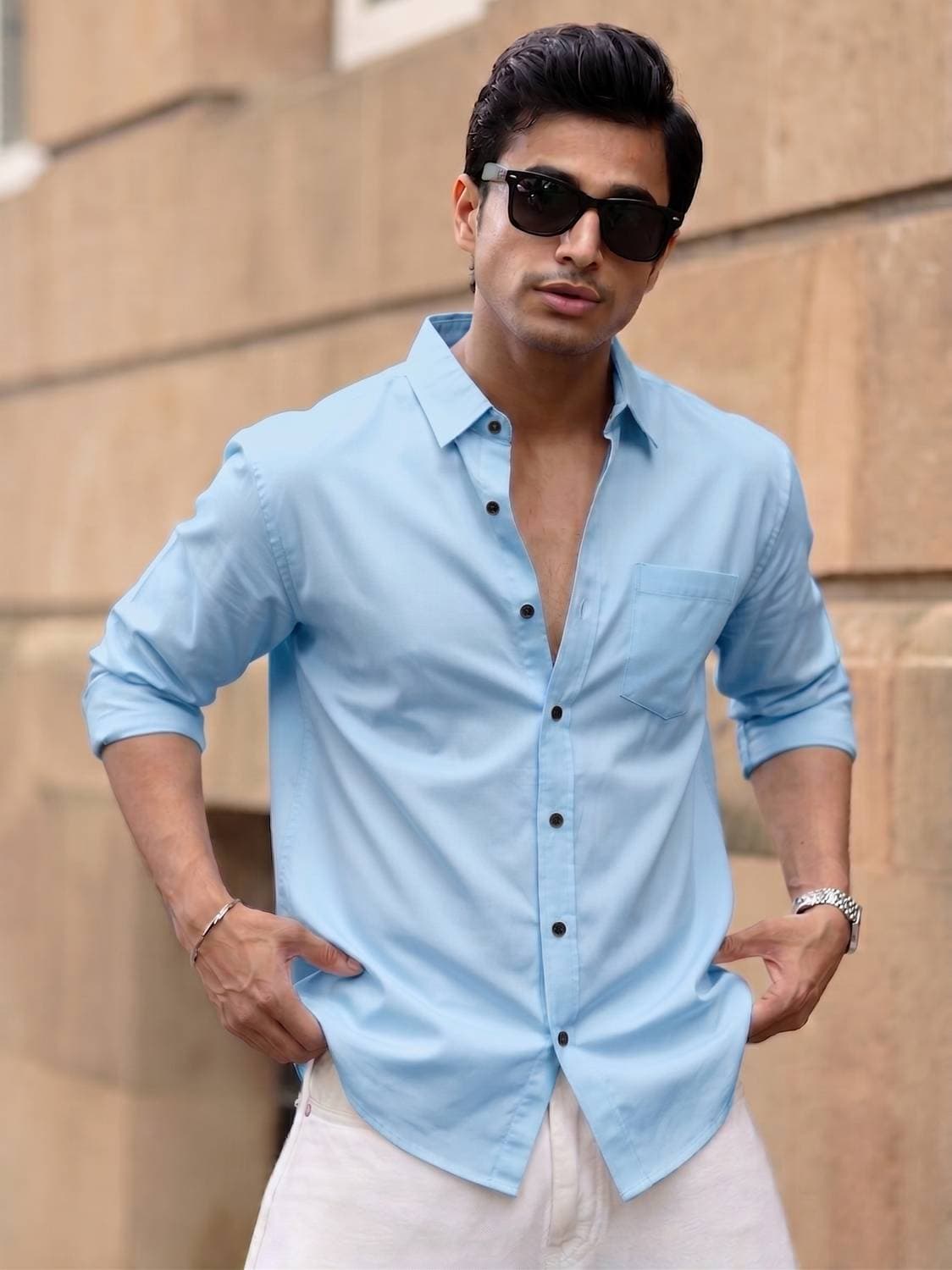 MRNYB Men Solid Casual Light Blue Shirt
