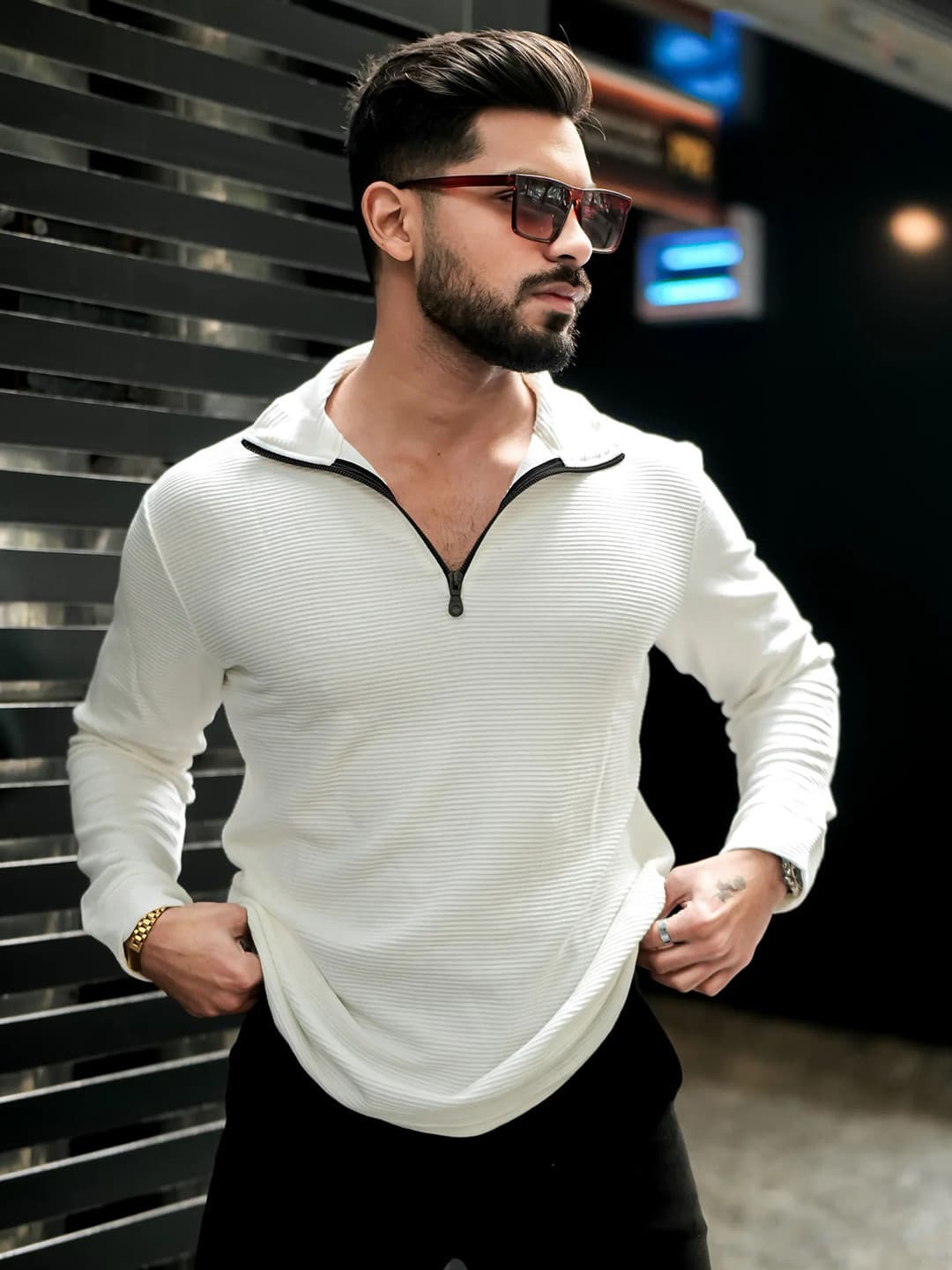 White Self-Design Zip V-Neck Cotton T-Shirt