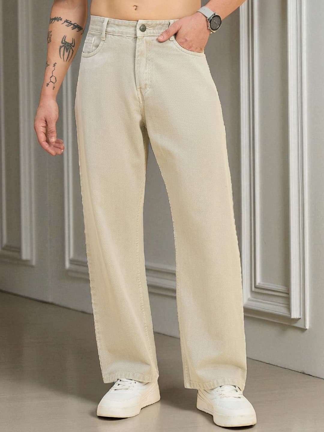 Beige Mid-Rise Jeans