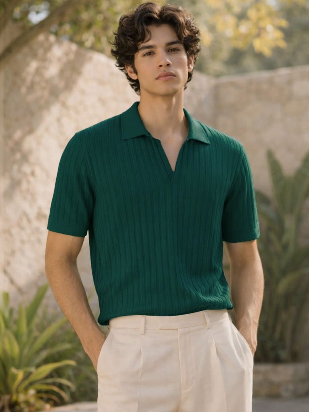 Green Ribbed Polo T-Shirt