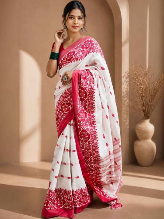 White & Red Laal Paar Saree